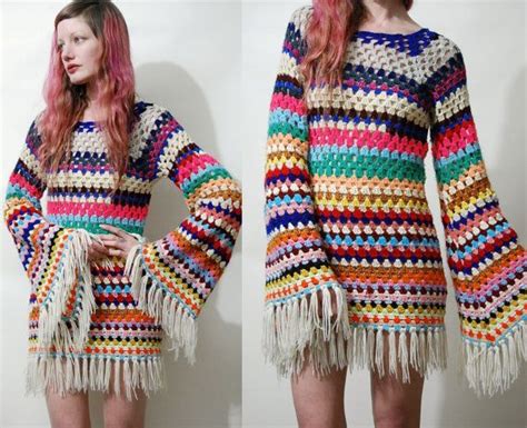 Crochet Dress Colourful Stripe Fringe Granny Square Flare Bell Sleeve