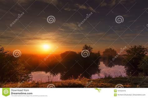 Wonderful Dramatic Scene Fantastic Foggy Sunrise Over The With