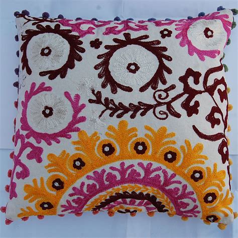 new decorative suzani embroidered cushion cover with pom pom lace 16x16 khushihandicraft