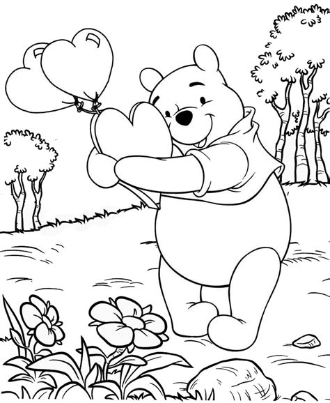 Coloring Page Of Winnie The Pooh Hugging A Giant Heart Disney The