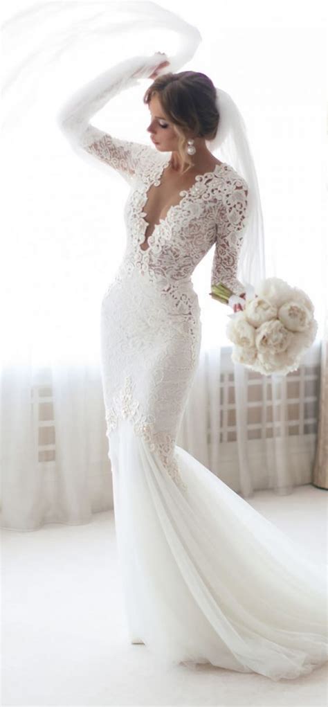 mermaid sheer long sleeve lace wedding dresses sheer neckline bridal gowns · misszhu bridal