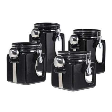 Black 4 Pc Ez Grip Airtight Ceramic Canisters With Stainless Steel