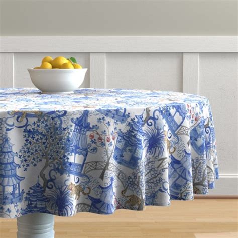 Chinoiserie Tablecloth Pagoda Forest Blues By Danikaherrick Etsy