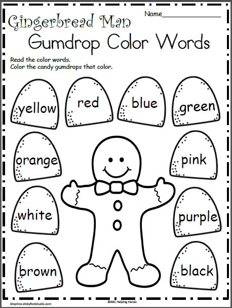 Gingerbread Man Color Words Christmas Worksheets Preschool Christmas