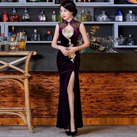 Violet Velvet Cheongsam Stretch Chinese Traditional Dress 2017 Fashion Sexy Qipao Women Long