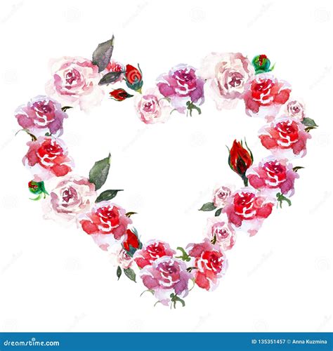 Vintage Pink Heart Flowers Wreath With Watercolor Roses And Rosebuds