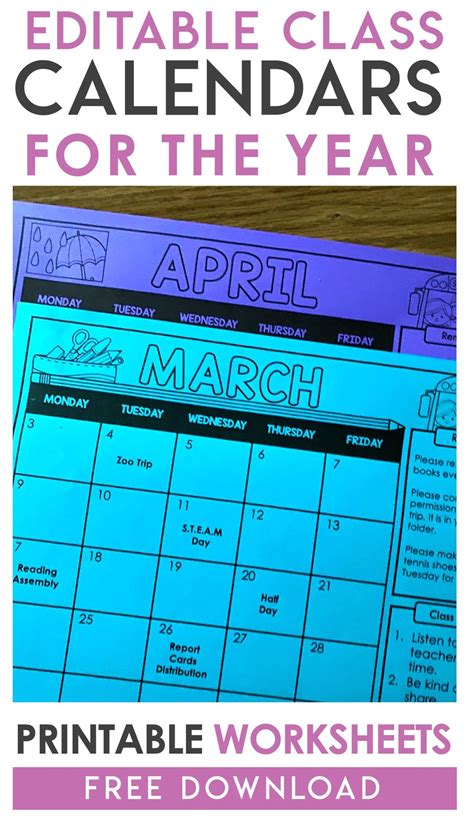 Free Editable Monthly Class Calendars A Kinderteacher Life Class