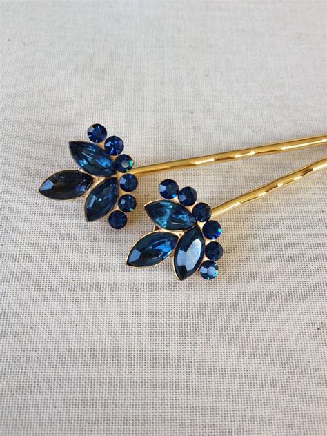 Navy Blue Rhinestone Hair Pins Set Pair Hair Accessory Etsy