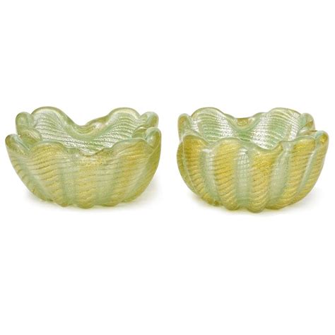 Barovier Toso Murano Green Gold Flecks Italian Art Glass Personal Ashtray Dishes For Sale At 1stdibs