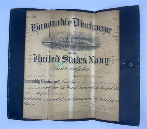 1946 Us Navy Honorable Discharge Cert W Case Vintage Wwii Baker 1st