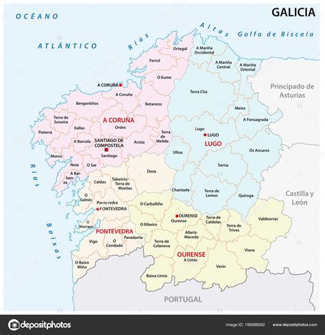 Galícia Mapa Vetorial Administrativo Político Espanha Stock Vector By
