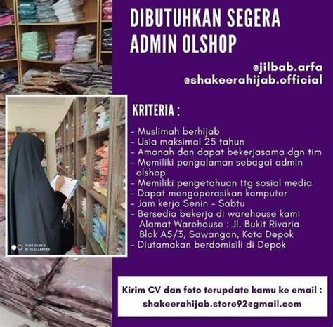 Dapatkan update terbaru lowongan pekerjaan dari loker magelang id. Lowongan Kerja Admin Online Shop Fashion Muslimah - Indah Pratiwi di Depok Kota, 20 Jan 2020 ...