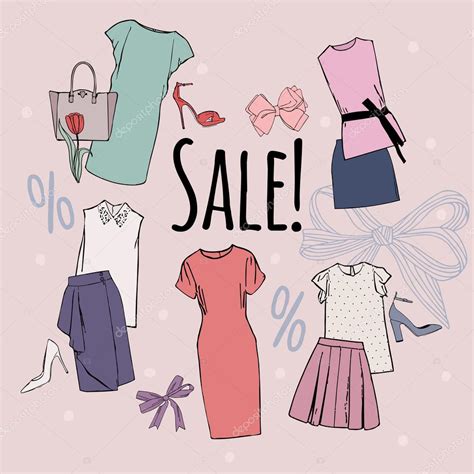 Sale Of Womens Clothing Vector Hand Drawn Collage Of Women Clothing