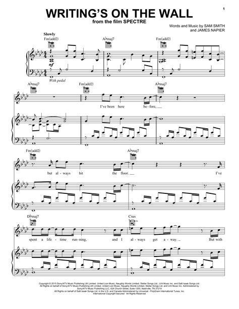 Writings On The Wall Sheet Music Sam Smith Piano Vocal And Guitar Chords Right Hand Melody