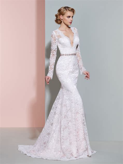 Ericdress V Neck Long Sleeves Mermaid Lace Wedding Dress
