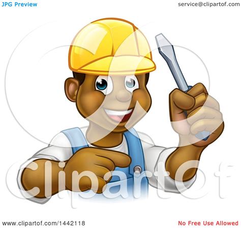 Clipart Of A Cartoon Happy Black Male Electrician Holding