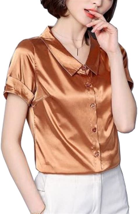 Mujer Blusa De Seda Satinada Manga Corta Camisa Formal Tops Amazon Es Ropa Y Accesorios