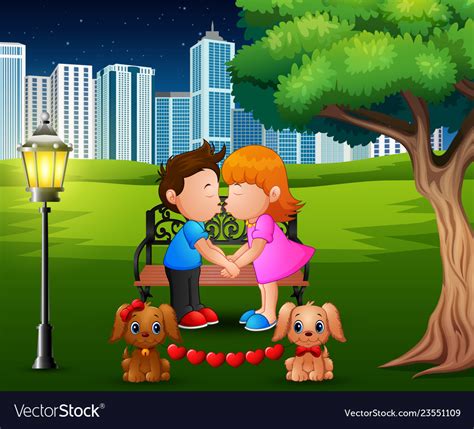 Cartoon Romantic Couple Kissing Under The Tree In Vector Image