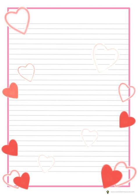 Lined Paper With Hearts In The Middle And Pink Border Around It On Top Of A White Background