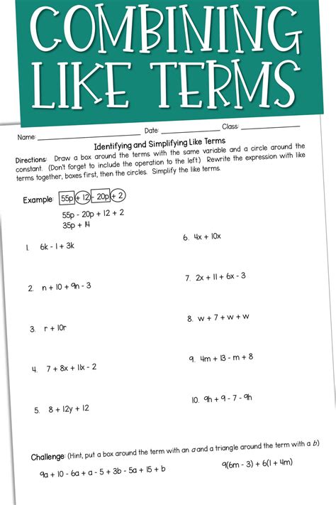 Simplifying Like Terms Worksheet