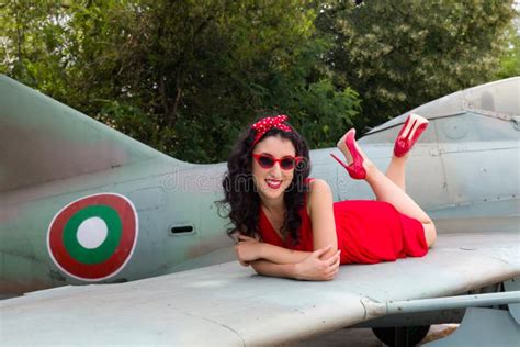 Pretty Pin Up S Model On Vintage Aircraft Wing Stock Photo Image Of Beautiful Grunge