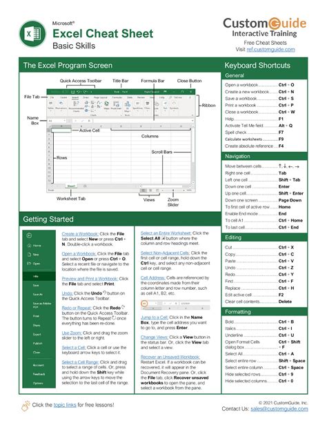 Excel Cheat Sheet 2021 Free Pdf Customguide Meta It Book