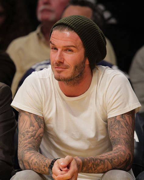 David Beckham Khaki Green Beanie Hat White Tee Men White Tees