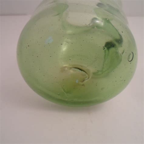 Vintage Hand Blown Green Art Glass Pitcher Crimped Top Pontil Mark Applied Handle Tiny Bubbles