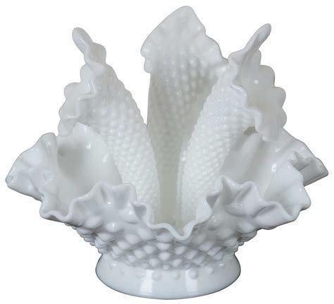 Fenton Milk Glass Hobnail 3 Horn Ruffle Epergne Centerpiece Flower Bud Vase Bowl