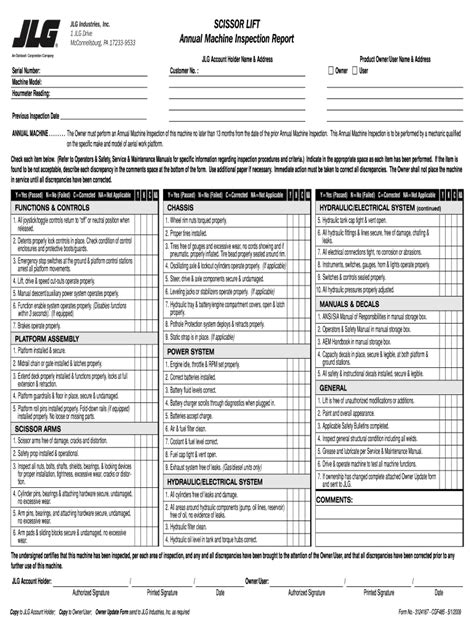 Jlg Scissor Lift Inspection Form Fill Online Printable Fillable
