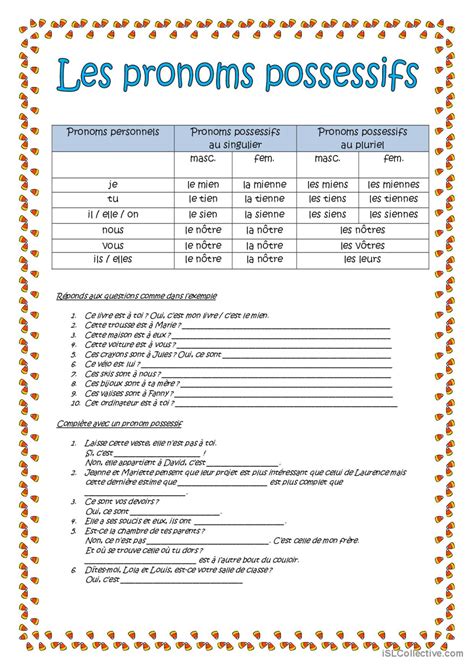 Pronoms possessifs réponses incluse Français FLE fiches pedagogiques