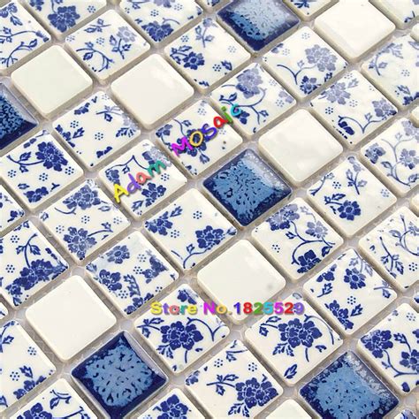 Roses Mosaic Tiles Bathroom Art Wall Flower Tile Blue And White Floral