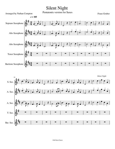 Silent Night Sheet Music For Soprano Saxophone Alto Saxophone Tenor