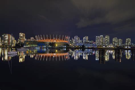 Vancouver Bc Canada City Skyline By False Creek At Night