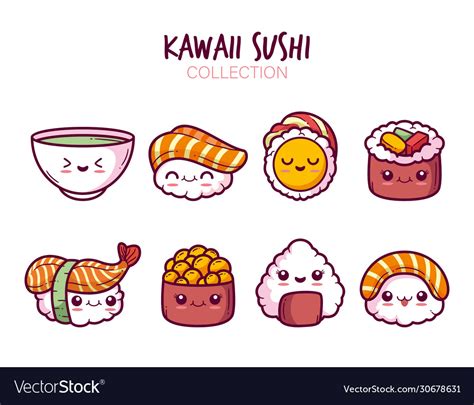 Kawaii Asian Sushi Cartoon Set Royalty Free Vector Image