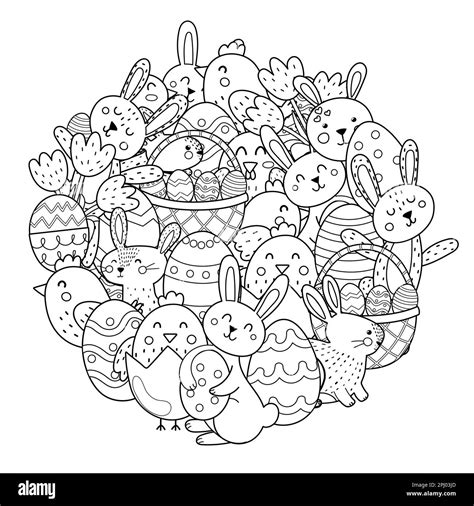 Cute Easter Bunnies And Chicks Circle Shape Coloring Page Doodle