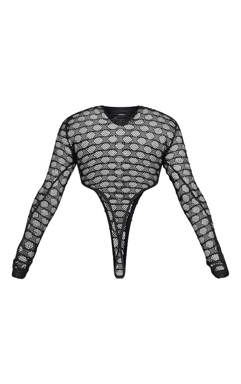 Shape Black Textured Fishnet High Neck Bodysuit Prettylittlething Usa