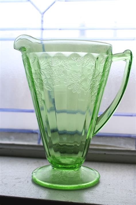 Green Depression Glass Pitcher Cherry Blossom Vintage 1930s