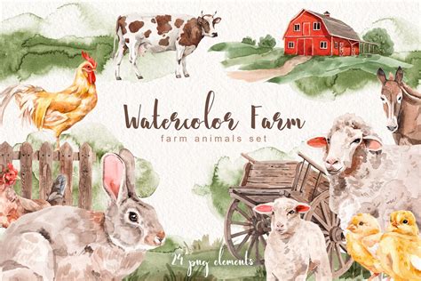 Watercolor Farm Animal Set Animal Illustrations ~ Creative Market