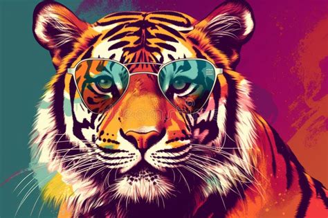Funky Cute Tiger In Sunglasses On Colorful Pop Art Background
