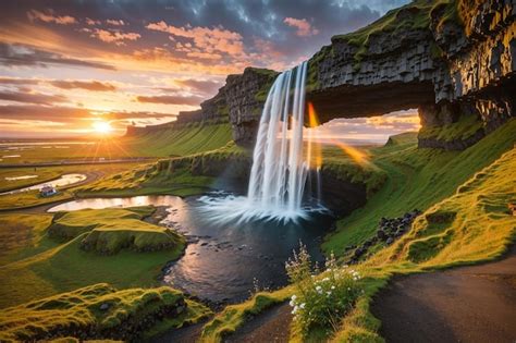 Premium Ai Image Seljalandfoss Waterfall At Sunset In Hdr Iceland At