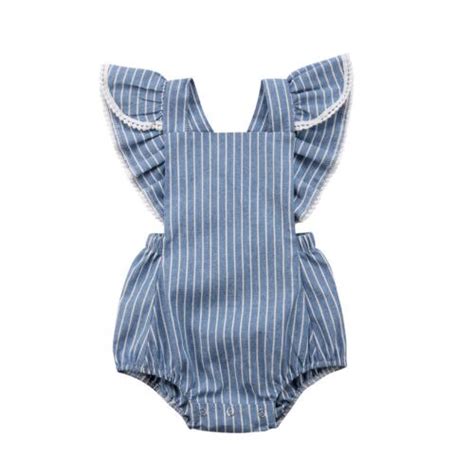 Newborn Infant Baby Girl Cute Ruffled Sleeve Blue Stripe Romper