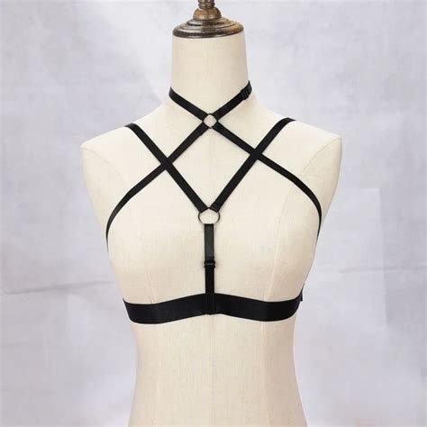 Harajuku Black Criss Cross Body Harness Sexy Open Chest Cage Bra Crop