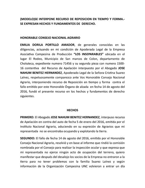 Modelo DE Recurso DE Reposicion MODELO SE INTERPONE RECURSO DE