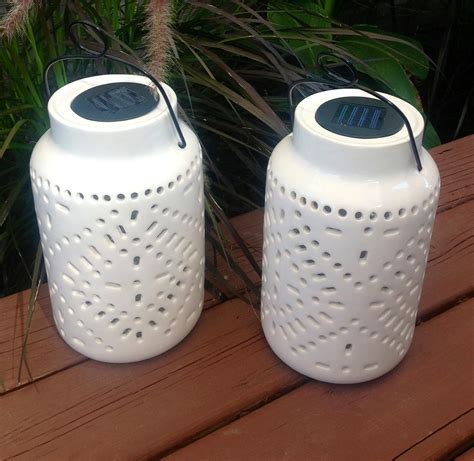 Set Of 2 Outdoor Large Solar Ceramic Lanterns White Uk