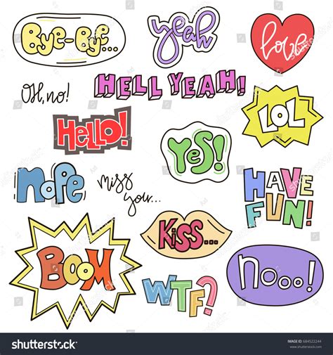 Set Cute Words Doodle Style Cartoon Stock Vector Royalty Free