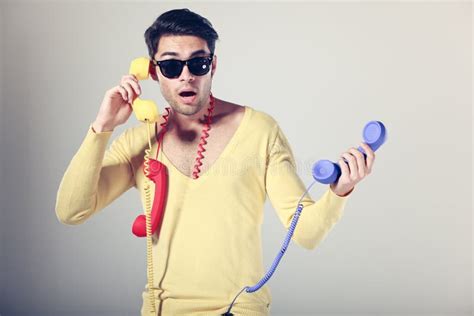 Funny Call Center Men With Colorful Phones Stock Image Image Of