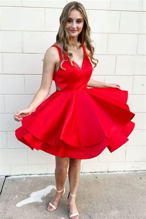 Wd0671simple Red V Neck Satin Short Prom Dress Red Homecoming Dress In 2020 Red Homecoming