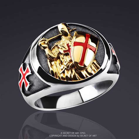 Knights Templar Sword Shield Masonic Ring 925 Silver Freemasonry 24k