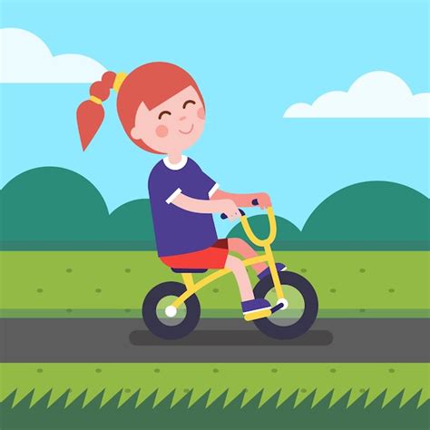 공원 자전거 경로에 자전거를 타는 어린 소녀 아이 무료 벡터